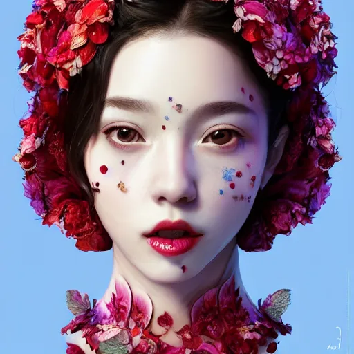 Prompt: the face of absurdly beautiful, graceful, elegant, sophisticated, sensual young gravure idol made of strawberries and petals with tears, an ultrafine hyperrealistic illustration by kim jung gi, irakli nadar, varied colors, intricate linework, bright colors, octopath traveler, final fantasy, unreal engine 5 highly rendered, global illumination, radiant light, intricate environment