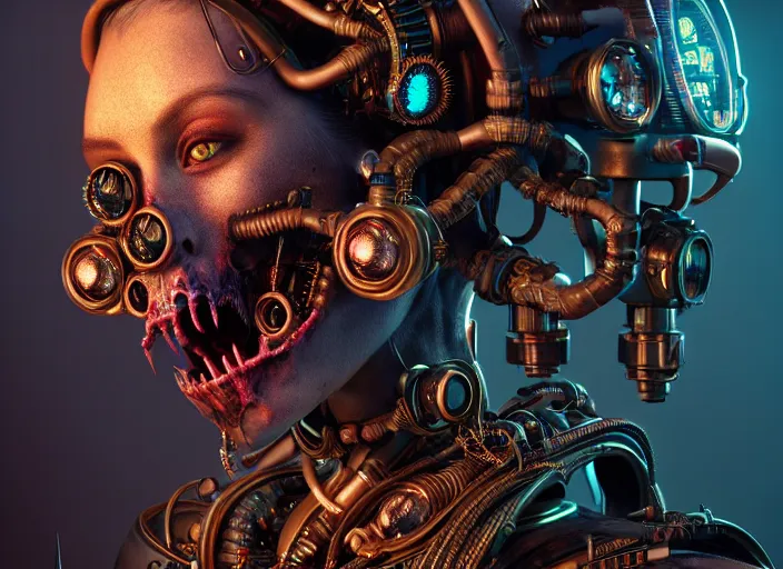 Image similar to an intricately detailed ultra - realistic unreal engine 5 rendering of a portrait of steampunk cyberpunk neon - bordered cyborg zombie werewolf, concept art, intricate details, eerie, highly detailed, photorealistic, octane render, 8 k uhd art by kilian eng