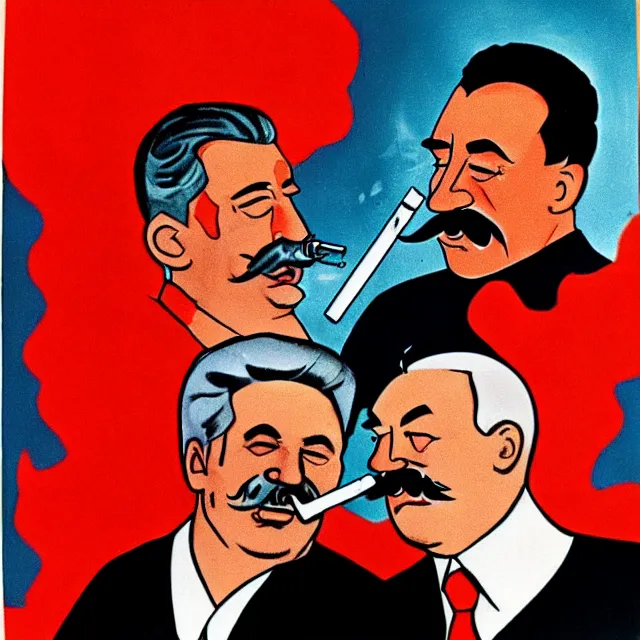 Image similar to stalin and yeltsin in hell drink vodka and smoke cigarettes, scary art in color