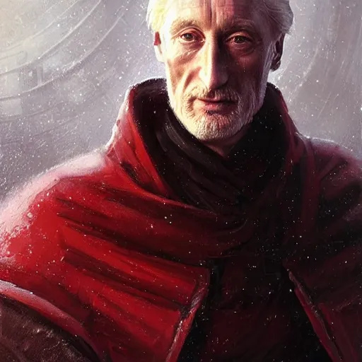 Prompt: portrait of a man by greg rutkowski, he looks like charles dance, star wars expanded universe, he is about 7 0 years old, wearing white and red chancellor clothes of the galactic triunvirate.