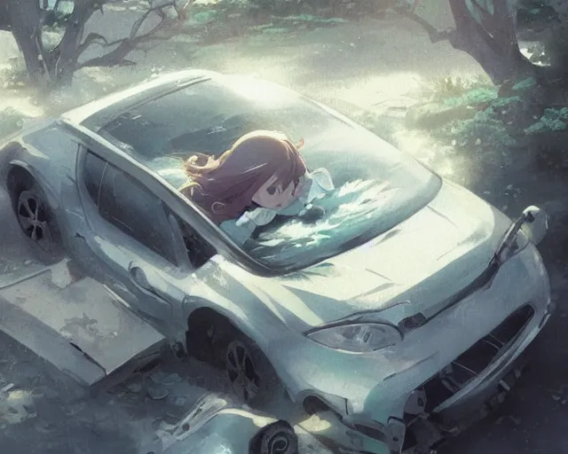 Prompt: a brunnete girl with blue eyes and puffy cheeks lying in a car accident, long shot from the top, anime art, Greg Rutkowski, studio ghibli, dramatic lighting