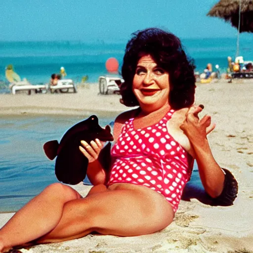 Image similar to 1981 woman on tv show wearing a happy squishy inflatable prosthetic mask, soft color wearing a swimsuit at the beach 1981 color film 16mm holding a an inflatable fish Fellini John Waters Russ Meyer Doris Wishman old photo