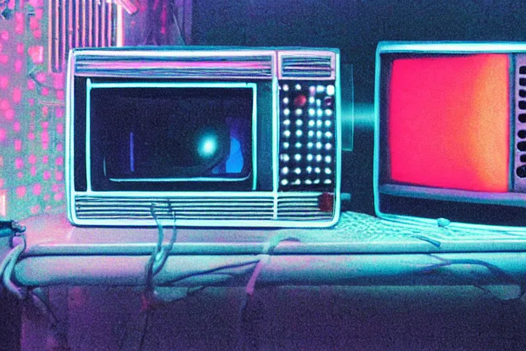 Image similar to toaster emerging from a space portal in cyberspace, fractal, in 1 9 8 5, y 2 k cutecore clowncore, bathed in the glow of a crt television, crt screens in background, low - light photograph, in style of tyler mitchell