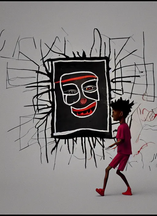 Prompt: hyperrealistic 3D scene of monsters in the style of Jean-Michel Basquiat sneaking up on an ubran cartoon boy, Trending on artstation, cinematic, hyper realism, octane render, 8k, depth of field