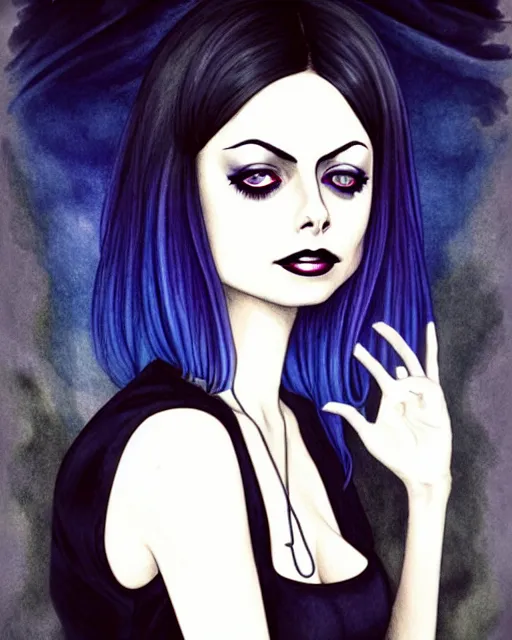 Image similar to style of kelly mckernan : : gorgeous willa holland : : evil witch, swirling black magic, black dress : : symmetrical face, symmetrical eyes : : full body pose : : gorgeous black hair : : magic lighting, low spacial lighting : :