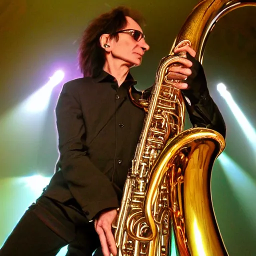 Image similar to Steve vai playing the tuba sensually, realistic, 4K,