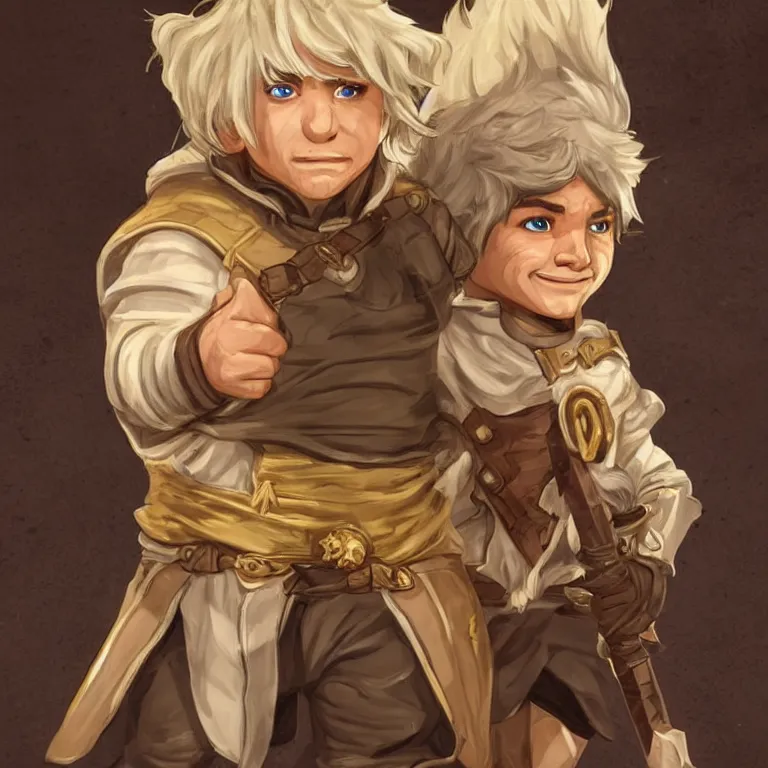 Prompt: Male Halfling with white hair, light brown skin and golden eyes character art, D&D, high detail