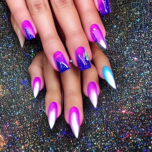 Prompt: A detailed image of long cosmic stiletto nails, 8k, photorealistic imagery