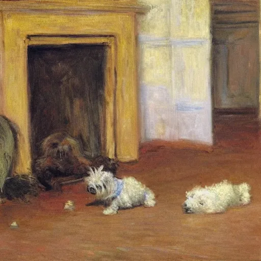 Image similar to a westie dog throwing up on the floor of a living room while a family watches by monet