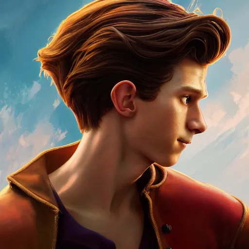 Image similar to skinny young tom holland as bell from beauty and the beast, dynamic lighting, path traced, atmospheric, highly detailed, high quality, beautiful painting, octane render, don bluth, ross tran, studio ghibli, alphonse mucha, jama jurabaev, extremely detailed, brush strokes, artstation, artgerm