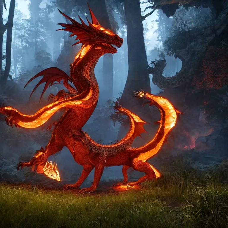 Prompt: A dragon, breathing fire, in a fantasy forest. Fantasy Demo in Unreal Engine. Beautiful glow off the fire. Terrifying Welsh dragon with bright eyes.