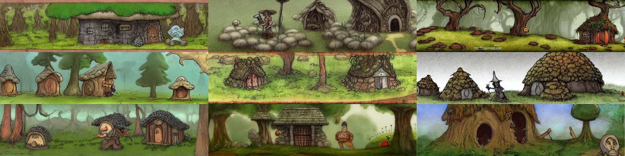 Prompt: wide shot, concept art, troll outside his mushroom house, in the style of John Bauer and wimmelbilder