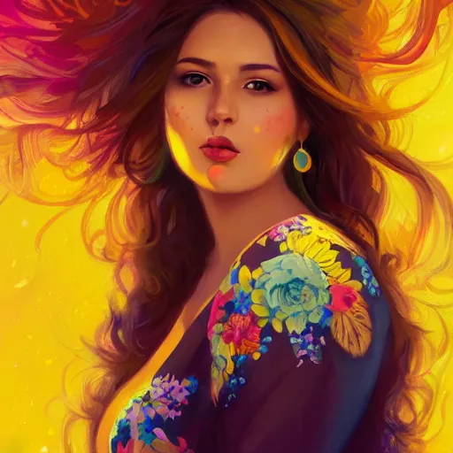 Image similar to colorful and festive captivating young plus size hispanic woman, brown long hair with bangs, wearing yellow floral blouse. full body, rich vivid colors, ambient lighting, dynamic lighting, 4 k, atmospheric lighting, painted, intricate, highly detailed by charlie bowater