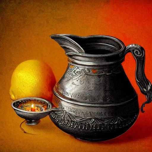 Image similar to still art, antique jug with palms inside, old candle, much vegetables, lemon, orange, pepper, cinematic light, detailed, digital art, concept art, trending on artstation, highly detailed, intricate, sharp focus, digital art, 8 k