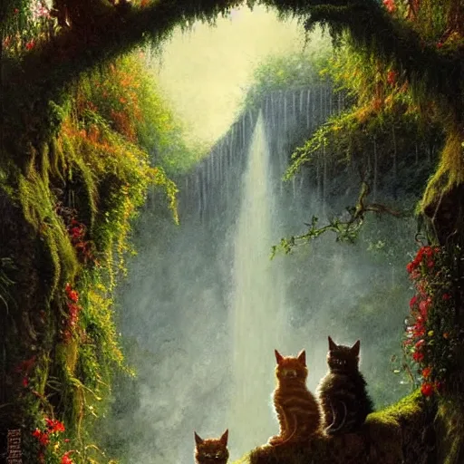 Prompt: two kittens in the enchanted forest stand on the steps and watch the waterfall, fantasy, intricate, extremely detailed, matte, featured in artstation, art by louis wain, greg rutkowski