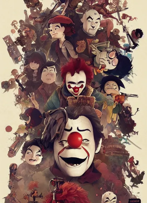 Image similar to poster for a film animation called ( the last clown ), 8 k, hd, dustin nguyen, akihiko yoshida, greg tocchini, greg rutkowski, cliff chiang