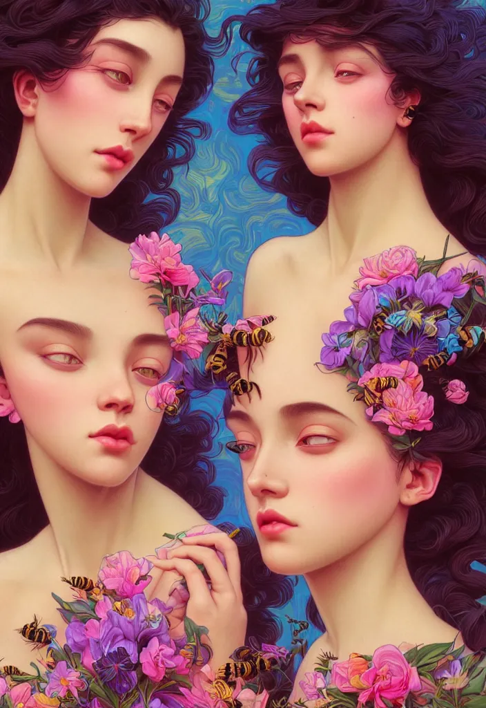 Prompt: young beautiful women, siamese twins, gorgeous face, vaporwave aesthetic, synthwave, colorful, psychedelic, artstation, flowers, bees, full - body, gown, smooth, extremely sharp detail, finely tuned detail, 8 k, unreal engine 5, ultra sharp focus, illustration, art by artgerm and greg rutkowski and alphonse mucha