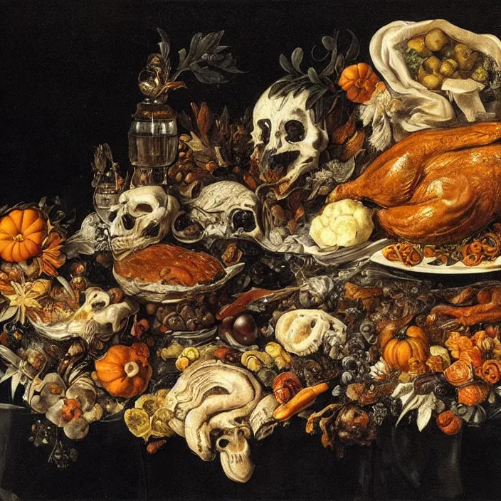 Image similar to victorian thanksgiving feast, black background, vanitas, a flemish baroque by jan davidsz. de heem, a still life by giuseppe arcimboldo, pinterest, rococo, hd, intricate high detail masterpiece