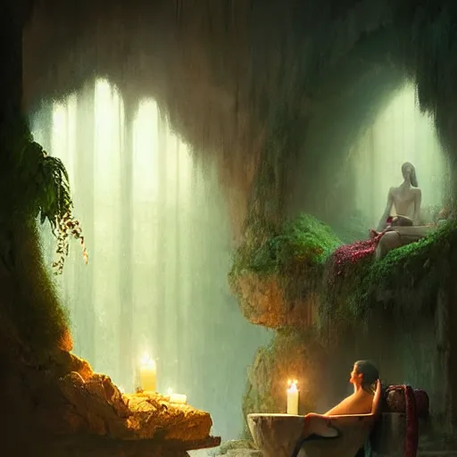 Image similar to cozy bathhouse hidden in a cave, candlelight, towels, cushions, natural light, lush plants and flowers, elegant, intricate, fantasy, atmospheric lighting, digital painting, Greg Rutkowski concept art