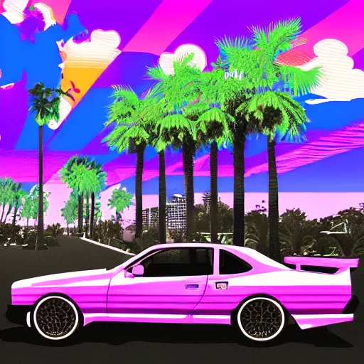Image similar to john cena in a retro vaporwave sunset skyline grid palm trees purple and pink bing chilling