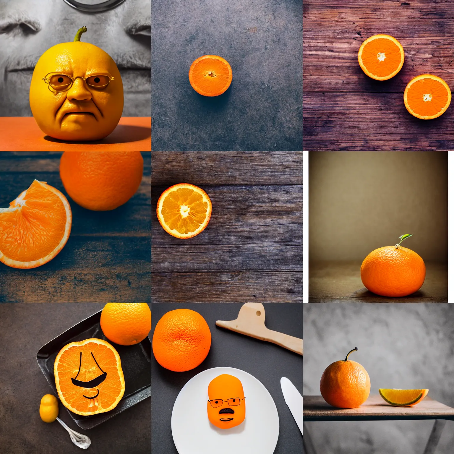 Prompt: an orange that looks like walter white, sitting on a table, food photography 4 k