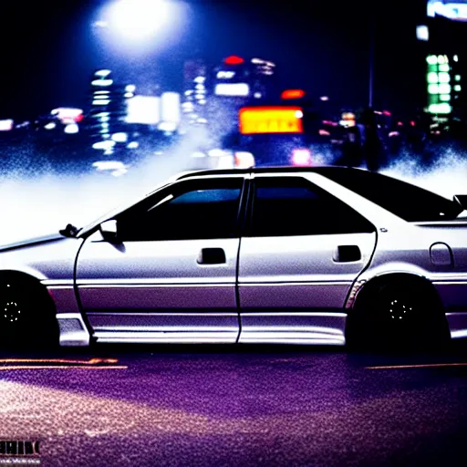 Image similar to a car JZX100 turbo drift at illegal car meet, Shibuya prefecture, midnight mist lights, cinematic color, photorealistic, highly detailed wheels, 200MM