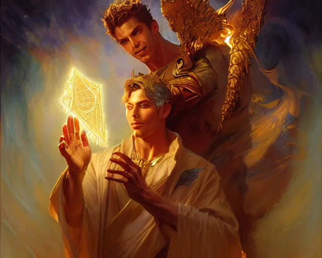 Image similar to attractive male deity, casting demonic magic, summoning handsome lucifer morning star. highly detailed painting by gaston bussiere, craig mullins, j. c. leyendecker 8 k