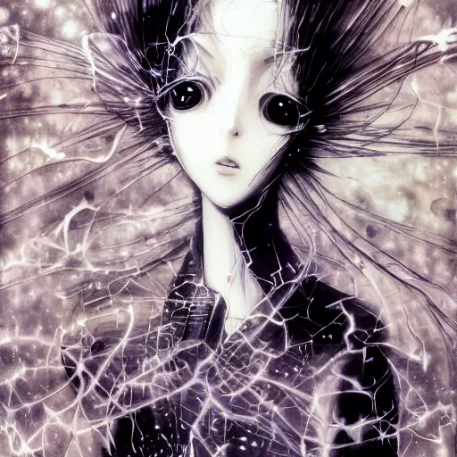 Image similar to Yoshitaka Amano dreamy and blurry illustration of an anime girl with white hair and cracks on her face wearing dress suit with tie fluttering in the wind, abstract black and white patterns on the background, head turned to the side, noisy film grain effect, highly detailed, Renaissance oil painting, weird portrait angle