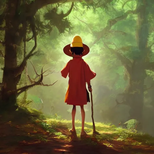Prompt: concept art painting of an anthropomorphic luffy wearing a yellow cloak, holding a straw hat, in the deep forest, realistic, detailed, cel shaded, in the style of by isaac asimov and marc simonetti and makoto shinkai and greg rutkowski