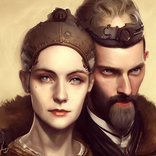 Prompt: portrait painting iris von everec and olgierd von everec, clockwork, steampunk, artstation, detailed