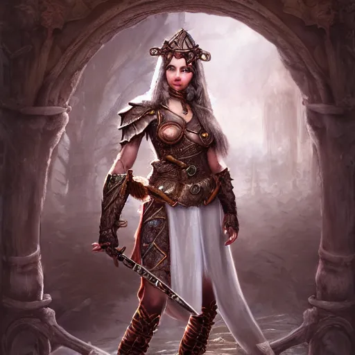 Image similar to a picture of a female warrior standing in an enchanted castle, high fantasy, elegant, epic, detailed, intricate, digital painting, concept art, realistic detailed face, smooth, focus, rim light, detailed 8 5 mm f / 1. 4, anamorphic lens