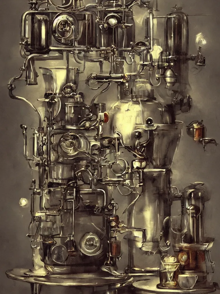 Image similar to old mechanical coffee machine, by Simon Stalenhaag, by Yoshita Amano, by Esao Andrews, sharp focus, fresh colors, deviantart, conceptart