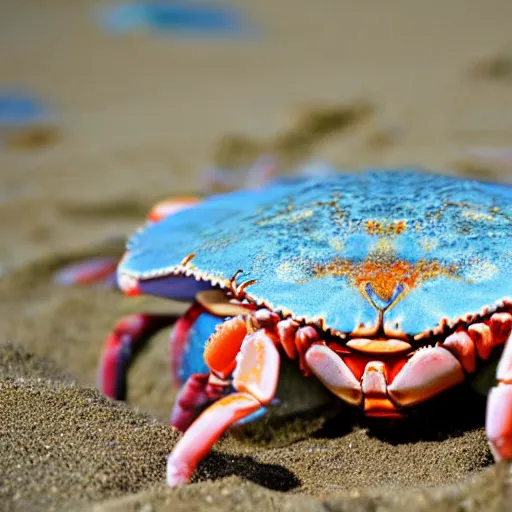 Prompt: A cute smiling crab on the beach, photo