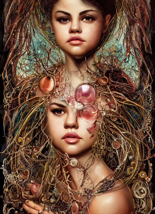 Prompt: expressive photo of selena gomez mixed with sophia lauren, bumpy mottled skin full of blood and scars, ornate headpiece made from crystals, cables and wires, hypermaximalist, elegant, body horror, by karol bak nd yoshitaka amano and greg rutkowski and jeremyg lipkinng and artgerm, photorealistic