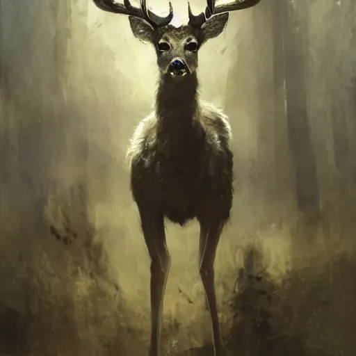 Prompt: portrait of a deer as a mighty warrior wearing silver armor, holding sword, by craig mullins, jeremy mann.