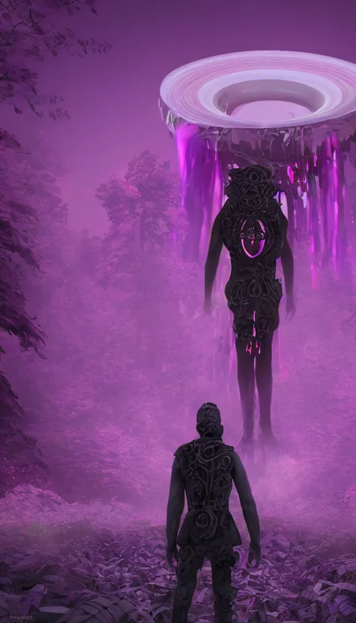Image similar to a future sci fi ancient god on the middle of a purple forest looking to a young male dressed with streetwear holding a portal that's about to explode, abandoned city with graffiti, sweat drops, insane, intricate, highly detailed, voxel art, smooth, sharp focus, Unreal Engine 5, 8K, art by Diego Velázquez