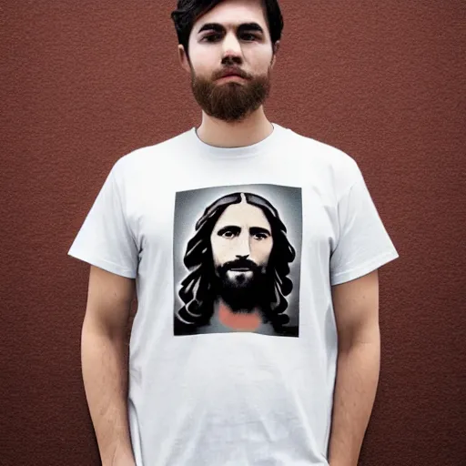 Image similar to a photo of a supreme t - shirt with an image of jesus on it, 4 k, highly detailed