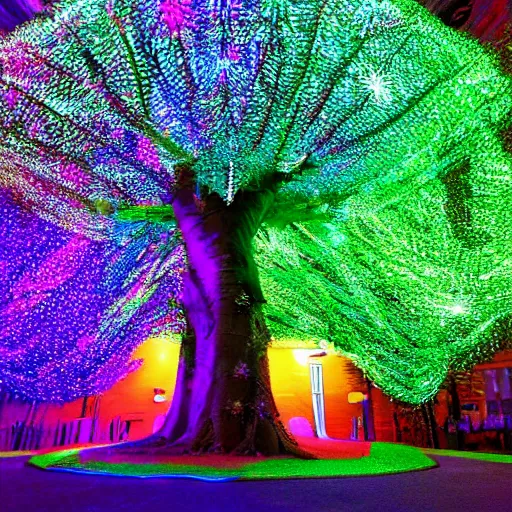 Image similar to hyper - realistic psychedelic tree with neons and lasers