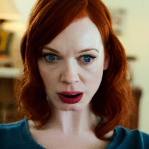 Image similar to amazing beautiful Christina Hendricks with mouth wide open in the living room, film still from the movie directed by Denis Villeneuve , wide lens