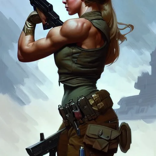 Image similar to hot female soldier carrying a gun, muscular upper body, D&D, fantasy, intricate, elegant, highly detailed, digital painting, artstation, concept art, smooth, sharp focus, illustration, art by artgerm and greg rutkowski and alphonse mucha