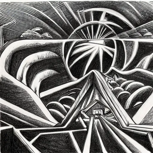 Prompt: apocalypse as drawn by escher using charcoals