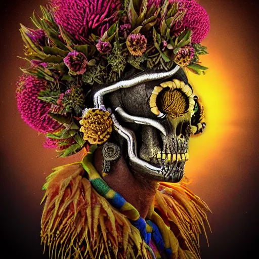 Image similar to a golden skull face african marijuanna shaman with an afro made of flowers, third eye art art by machina infinitum, complexity from simplicity, rendered in octane, mandelbulb 3 d, ambient occlusion, macro photography, felt!!! texture, tribal, retrowave