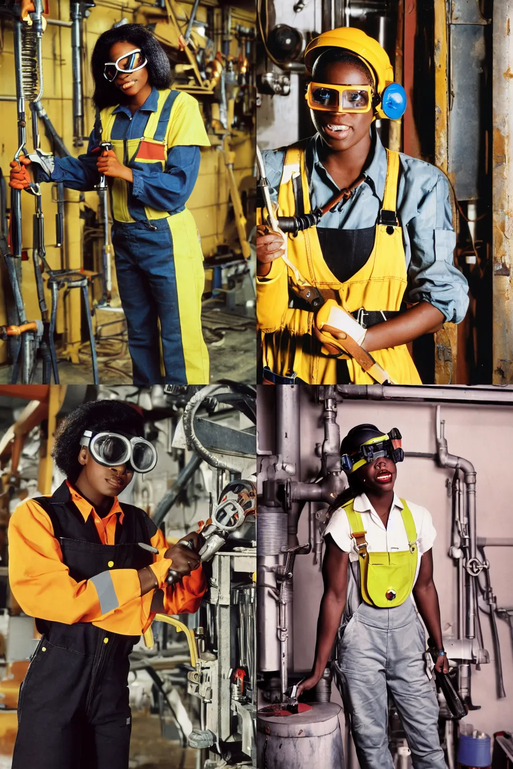 Prompt: 90's professional color photograph a muscular black female engineer wearing overalls, goggles, toolbelt, holding a wrench, serious, concentrated, industrial aesthetic, full body, highly detailed, photo real, technical atmosphere, 8K