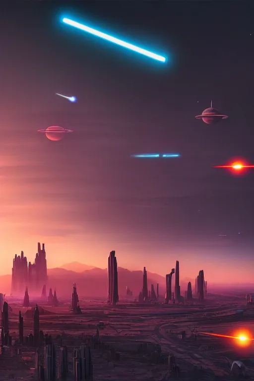 Image similar to sifi - ci city sunset, planets in the sky by dylan cole, matte painting with high detail, ground level, sci - fi star wars megacity with dramatic lighting and dramatic sky, 4 k, cinematic cinematography.