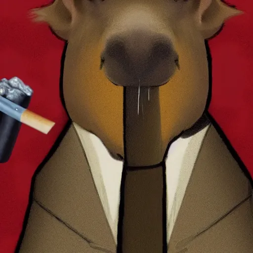 Image similar to a high detail photo of an antropomorphic capybara wearing a suit smoking a cigarrette, subject= duck, subject detail: wearing a suit, subject action: smoking a cigarrette photorealism