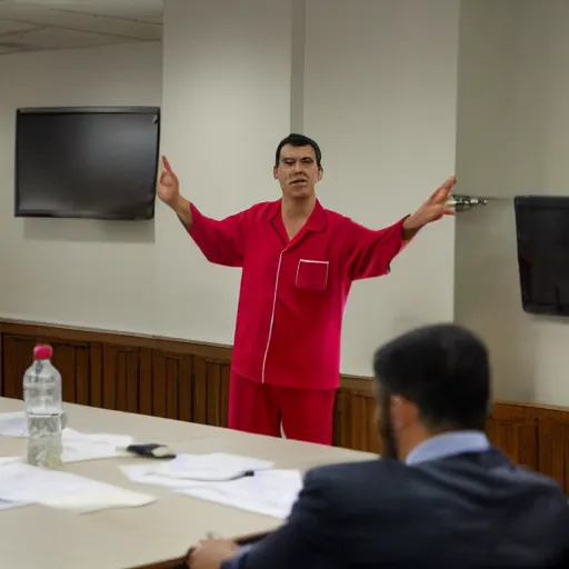 Prompt: Pedro Sánchez giving a meeting in his pajamas.