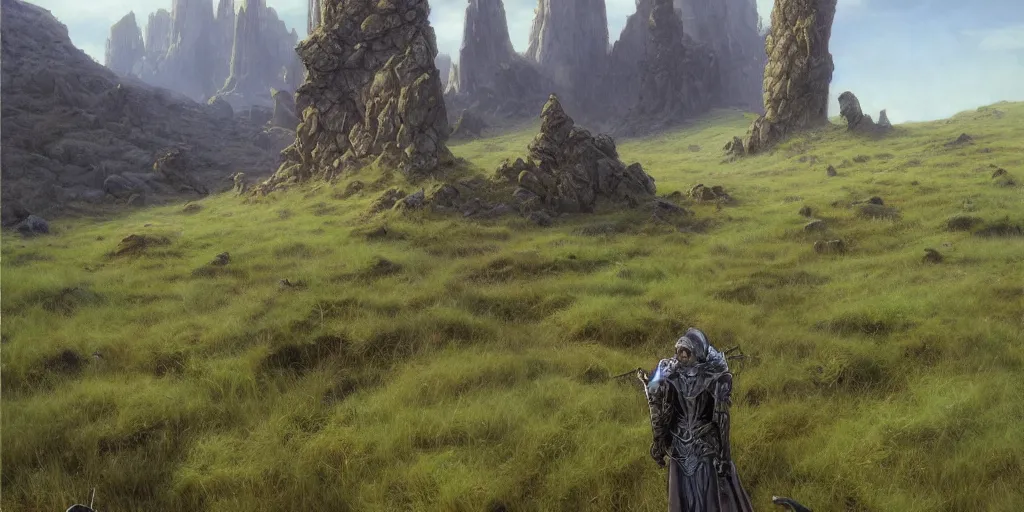 Image similar to The elegant single lonesome stone wizards tower, green fields in the background, wide angle, cinematic, art by Donato Giancola and Bayard Wu, digital art, trending on artstation