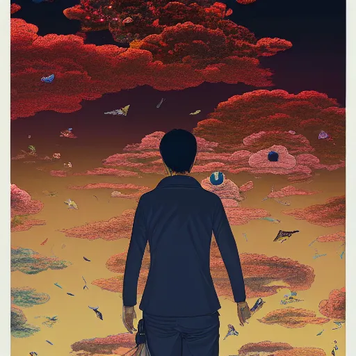 Image similar to a man walking on clouds above kyoto by takashi murakami, beeple and james jean, aya takano color style, 4 k, super detailed