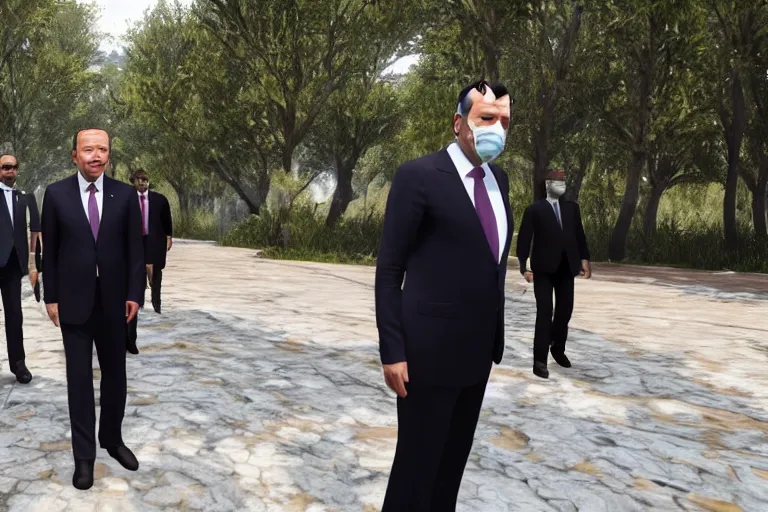 Prompt: tayyip erdogan receiving a quest in an open world game, hyperralistic, unreal engine, 8 k, raytracing, subsurface scattering