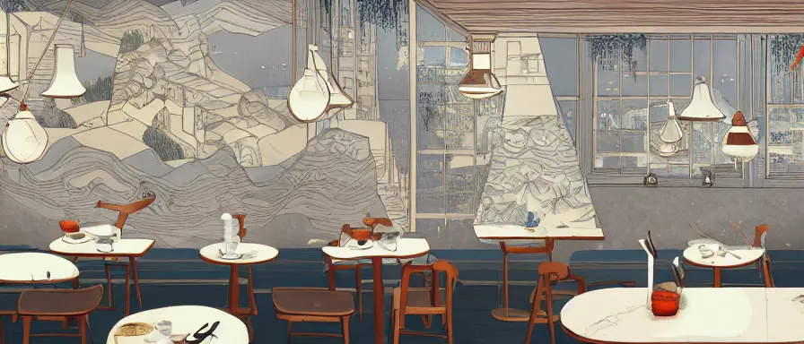 Prompt: a beautiful interior view illustration of a small roasted string hotpot restaurant of baota mountain in yan'an city, animation illustrative style, from china, restaurant wall paper is a high tower on a mountain, rectangle white porcelain table, black chair, simple style structure decoration design, victo ngai, james jean, 4 k hd